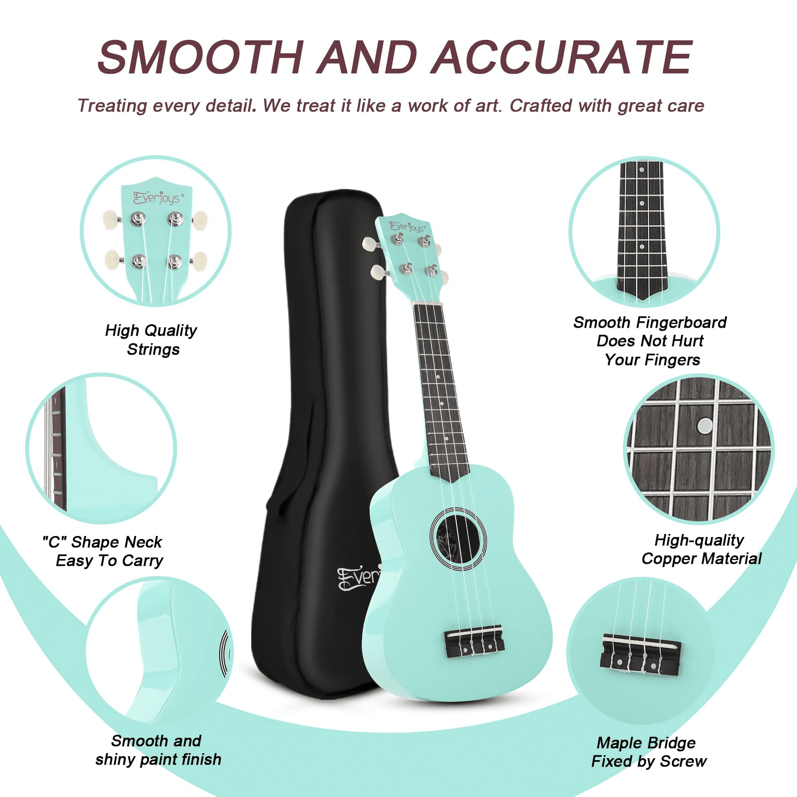 Everjoys 21" Soprano Ukulele Beginner Kit w/ Free Online Lesson, Gig Bag, Strap, Digital Tuner, Spare String, Picks, Polishing Cloth, Rainbow Series