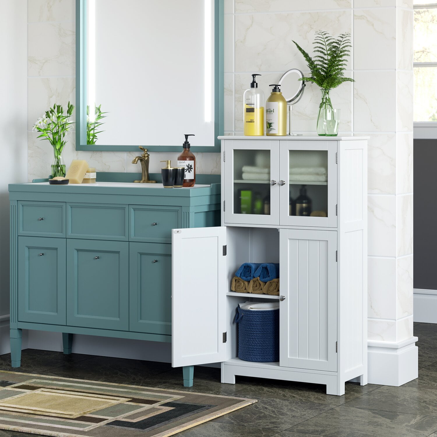 Homfa Bathroom Storage Cabinet, 42.7"H Floor White Wooden Linen Cabinet with Shelves and Doors