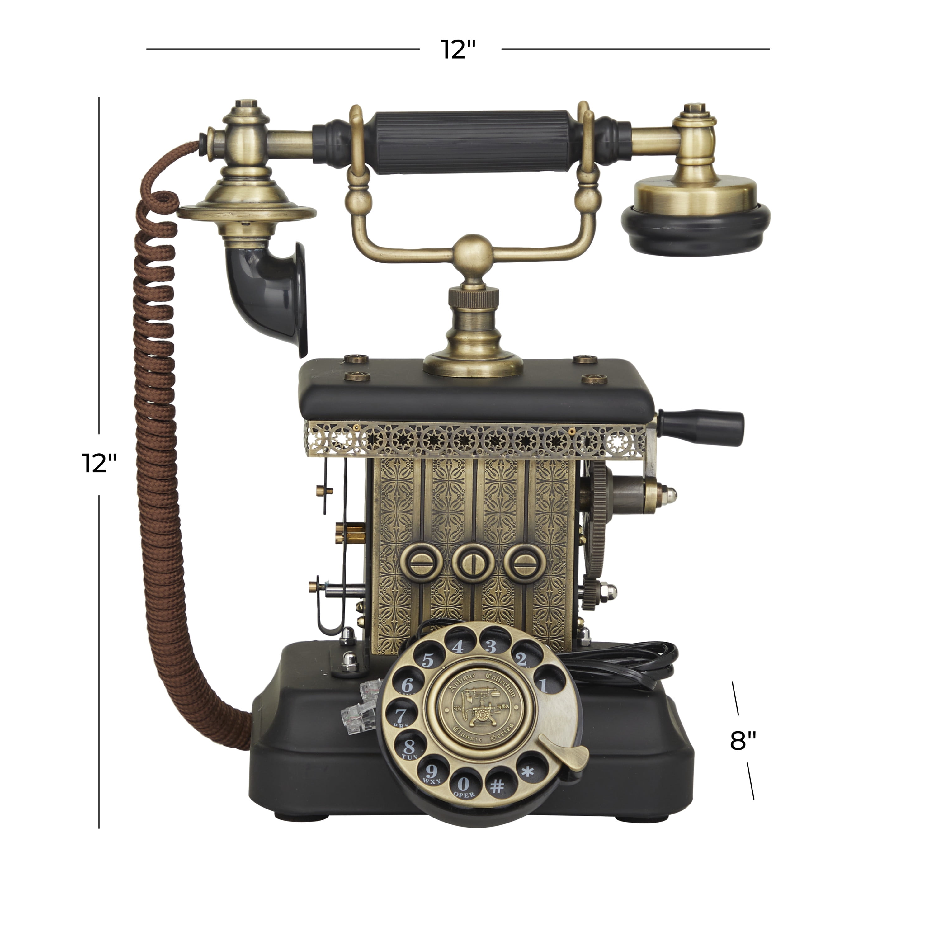 DecMode 12" x 12" Black Metal Functioning Vintage Style Telephone with Line Cord, 1-Piece