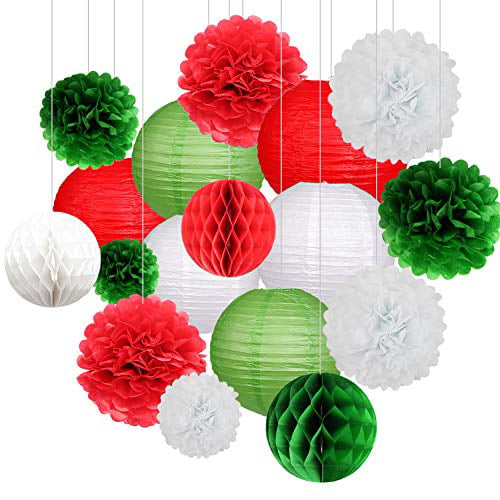 18Pcs Party Pack Paer Lanterns and Pom Pom Balls Hanging Decoration for Wedding Birthday Baby Shower-Yellow/Green/White
