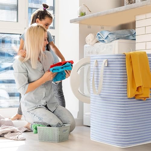 3 Pack Laundry Hamper Large Collapsible Laundry Baskets, Freestanding Waterproof Clothes Hamper with Easy Carry Handles in Laundry Room Bedroom Bathroom College Dorm, Blue, 3 x 80L
