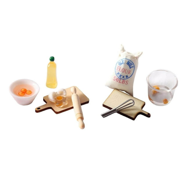 1/12 Dollhouse Kitchen Baking Set Eggs, Milk, Rolling Pin, Olive Oil , Chopping Board, Flour Model Toy Decoration DIY Salvador casa de muñecas nevera
