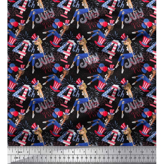 Soimoi Black Heavy Satin Fabric Women,Balloon & Firecrackers Party Fabric Prints By Yard 54 Inch Wide