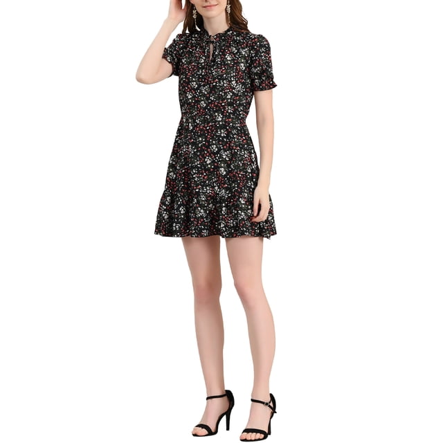 Vestido de Chiffon con Volantes Florales y Lazo para Mujeres Inspire Chic, Manga Corta Puff, Corte Ajustado y Amplio, Negro-Blanco