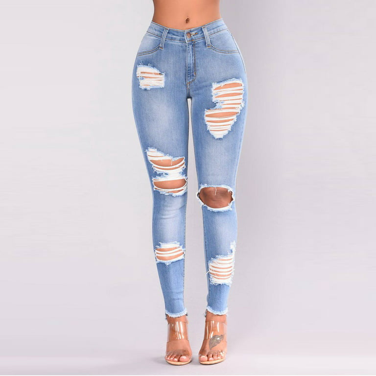 High Rise Jeans for Women Stretch Cotton Ripped Skinny Denim Jeans Plus  Size Slim Fit Trousers Blue S-3XL