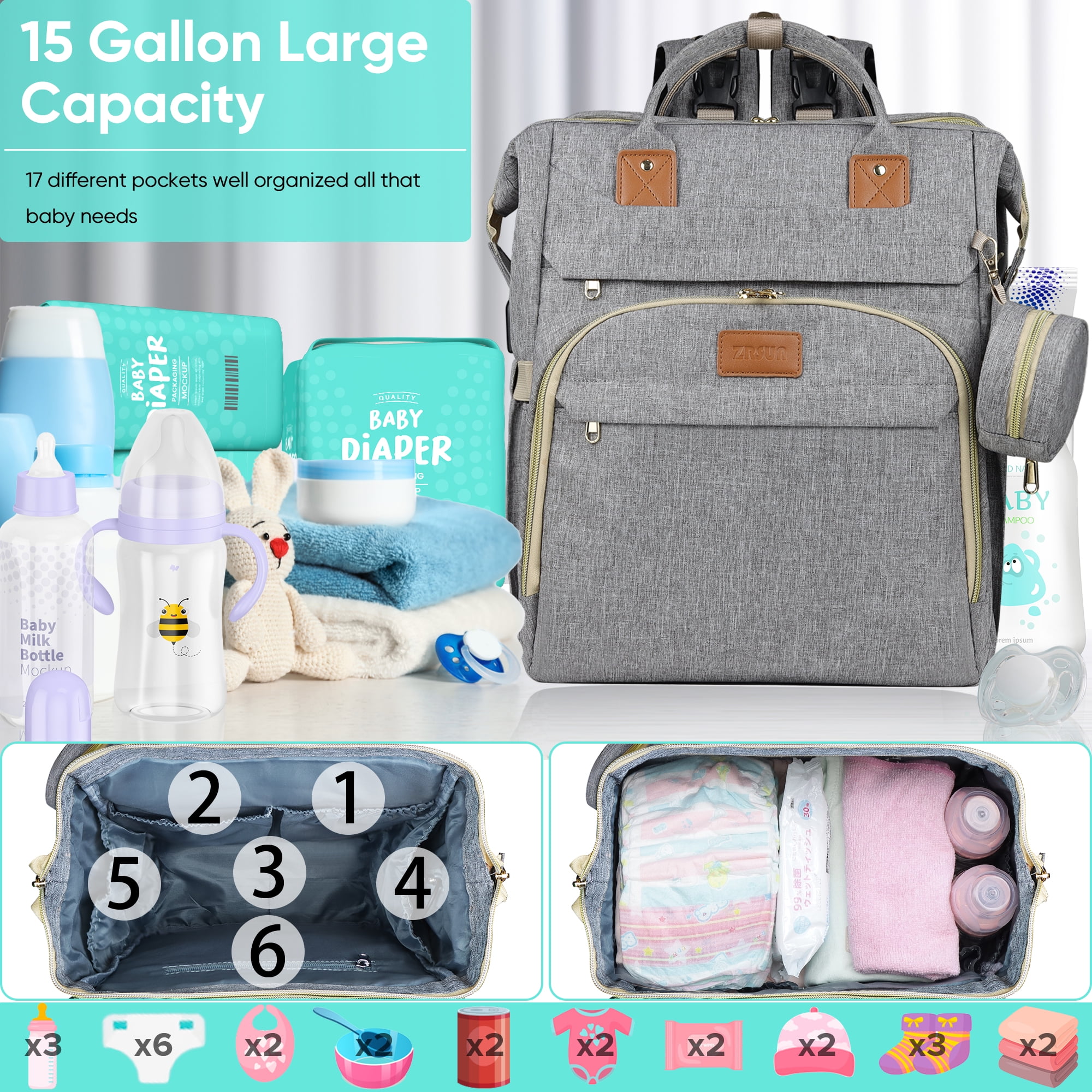 Baby Diaper Bag Backpack,Baby Shower Gifts, Multifunctional Travel Diaper Bag, Gifts for Mom with Portable Diaper Pad,Gray