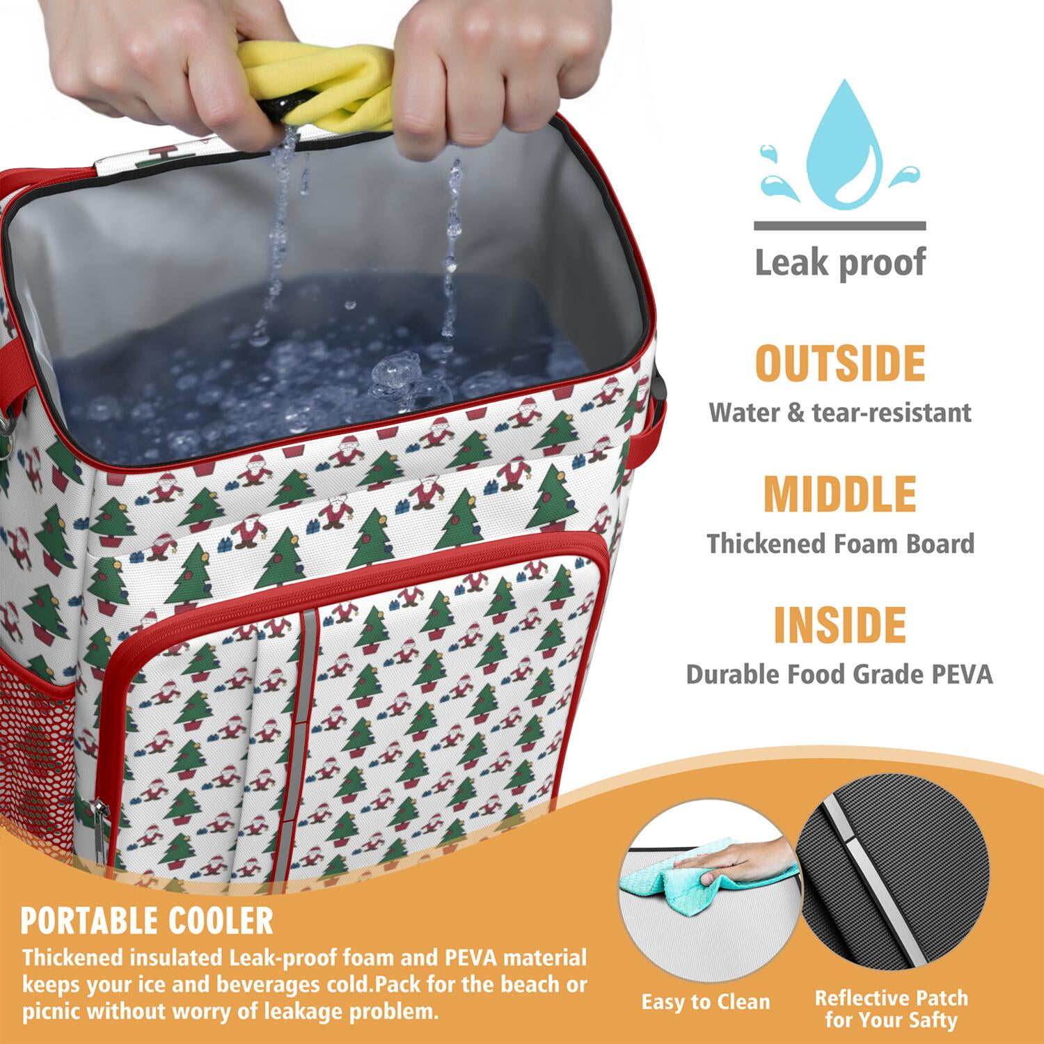 Travel Cooler Bag - White Christmas Santa and Tree Pattern Camping Beer Cooler Backpack with Bottle Opener- Waterproof Insulated Picnic Backpacks - Cooler Bag for Beach