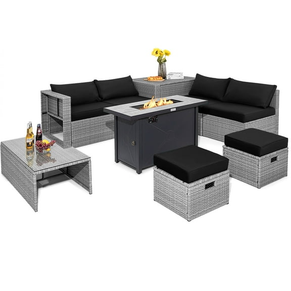 Topbuy 9 PCS Patio Furniture Set with 42" 60,000 BTU Fire Pit Outdoor Space-Saving Sectional Sofa Set with Storage Box Black