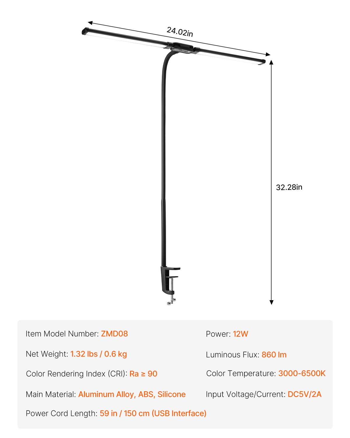 KFFKFF LED Desk Lamp with Clamp, Dual Head Adjustable Desk Light for Home Office, Eye-Friendly Lighting with Flexible Gooseneck, 50 Customizable Modes & Timer for Studying, Working, and Drawing