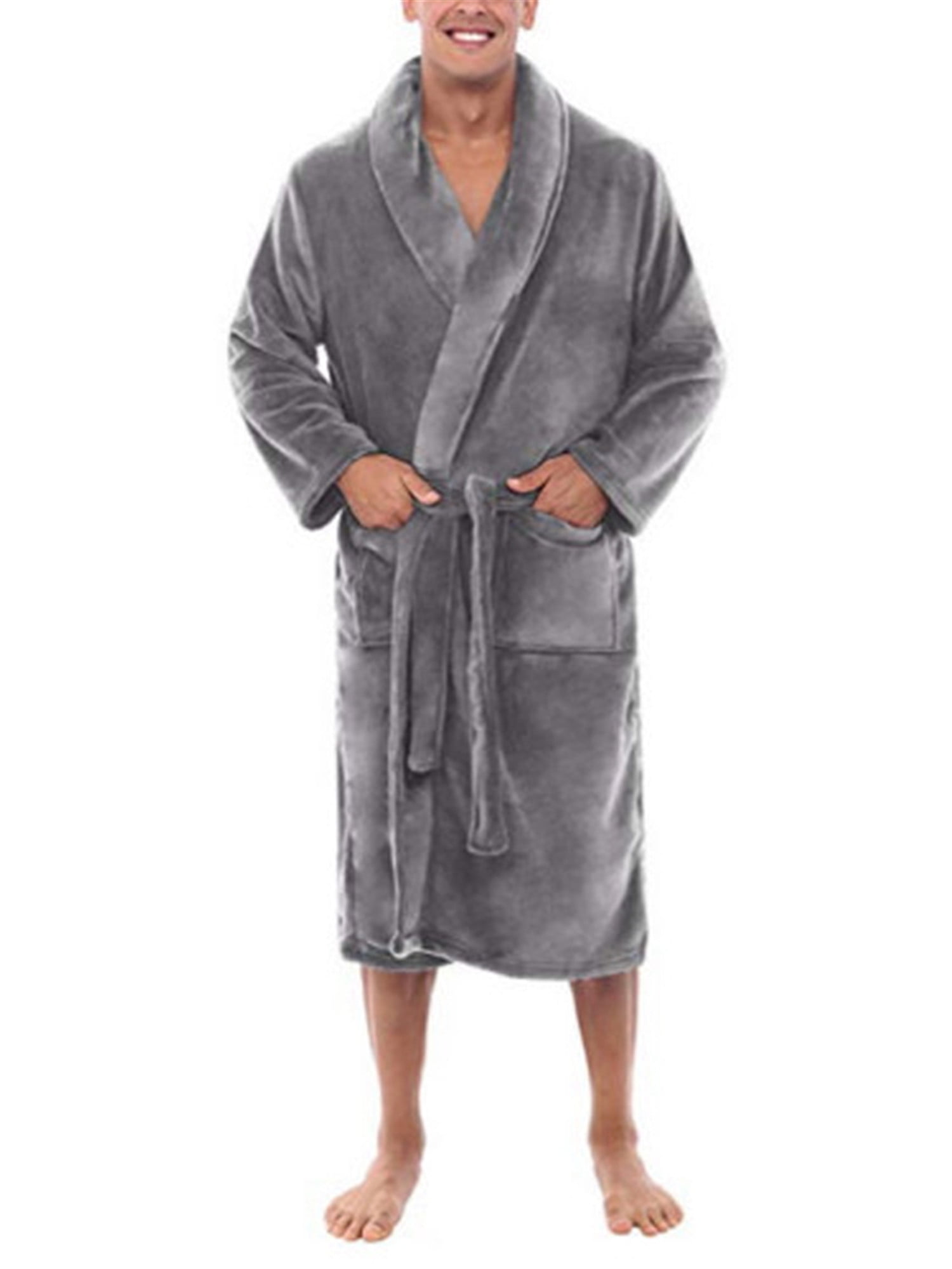 Aunavey Men's Warm Flannel Fleece Robe Shawl Collar Pockets Spa Robe ...