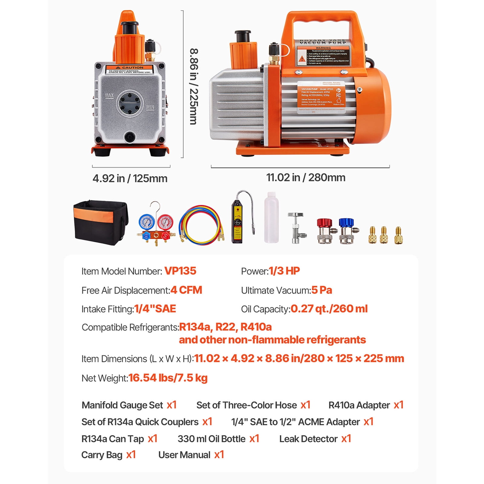 KFFKFF 4 CFM AC Vacuum Pump and Gauge Kit, 1/3 HP Single Stage Rotary Vane HVAC Pump, A/C Refrigerant Manifold Set with Leak Detector and Carry Bag, Compatible with R134a R22 R410a Refrigerants
