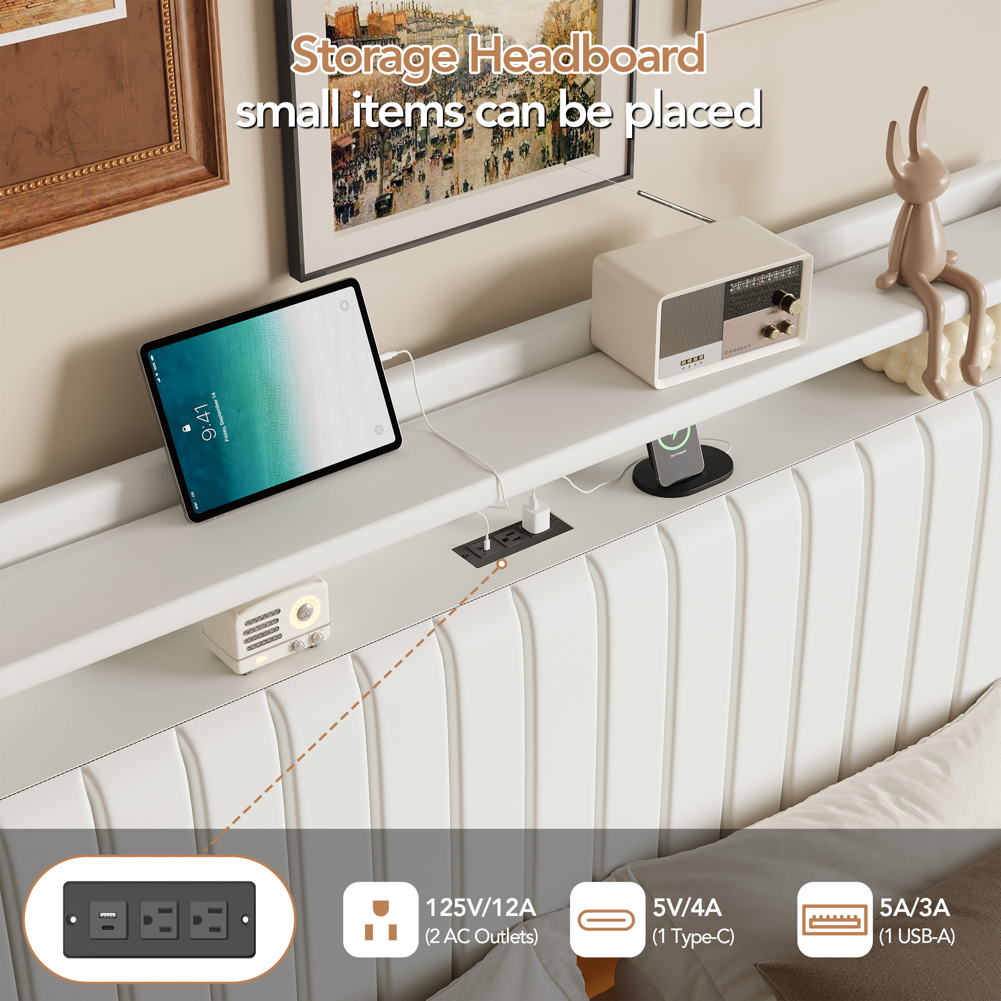 Amkui Queen Bed Frame with Upholstered Headboard, Metal Platform Bed with USB Charging Station & Storage, Floating Bed Frame with Romantic LED Lights, Easy Assembly, No Box Spring Needed