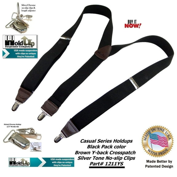 Holdup Suspender Company's Black Pack Casual Series 1 1/2" wide Y-back Suspenders with Patented No-slip Nickel Clips