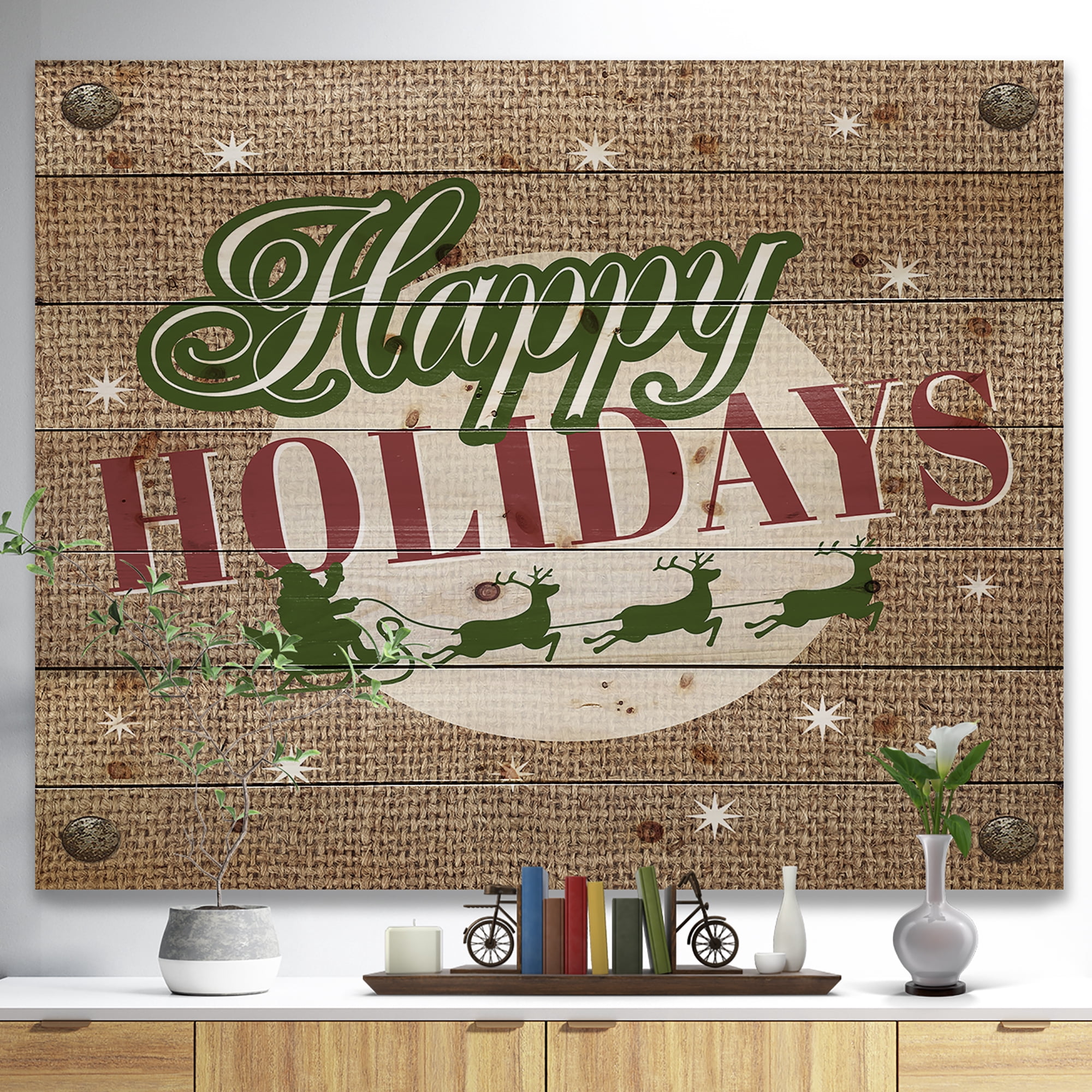 Designart 'Happy Holidays Christmas Wish on Burlap' Print on Natural Pine Wood