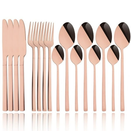

dosili 16Pcs Stainless Steel Dinner Black Gold Dinnerware Set Knife Fork Spoon Flatware Cutlery Set Kitchen Tableware Silverware Set