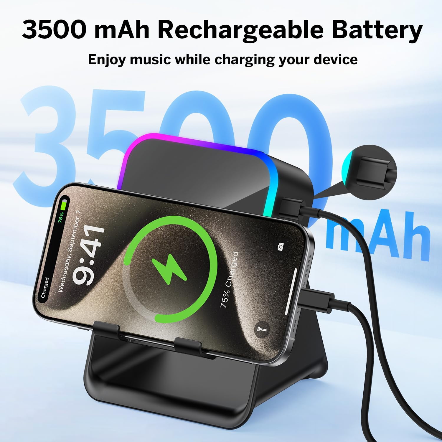 Wireless Induction Bluetooth Speaker 5-in-1 with Phone Stand, 360° Adjustable Holder, RGB Light, Rechargeable, for iPhone Android iPad, Black