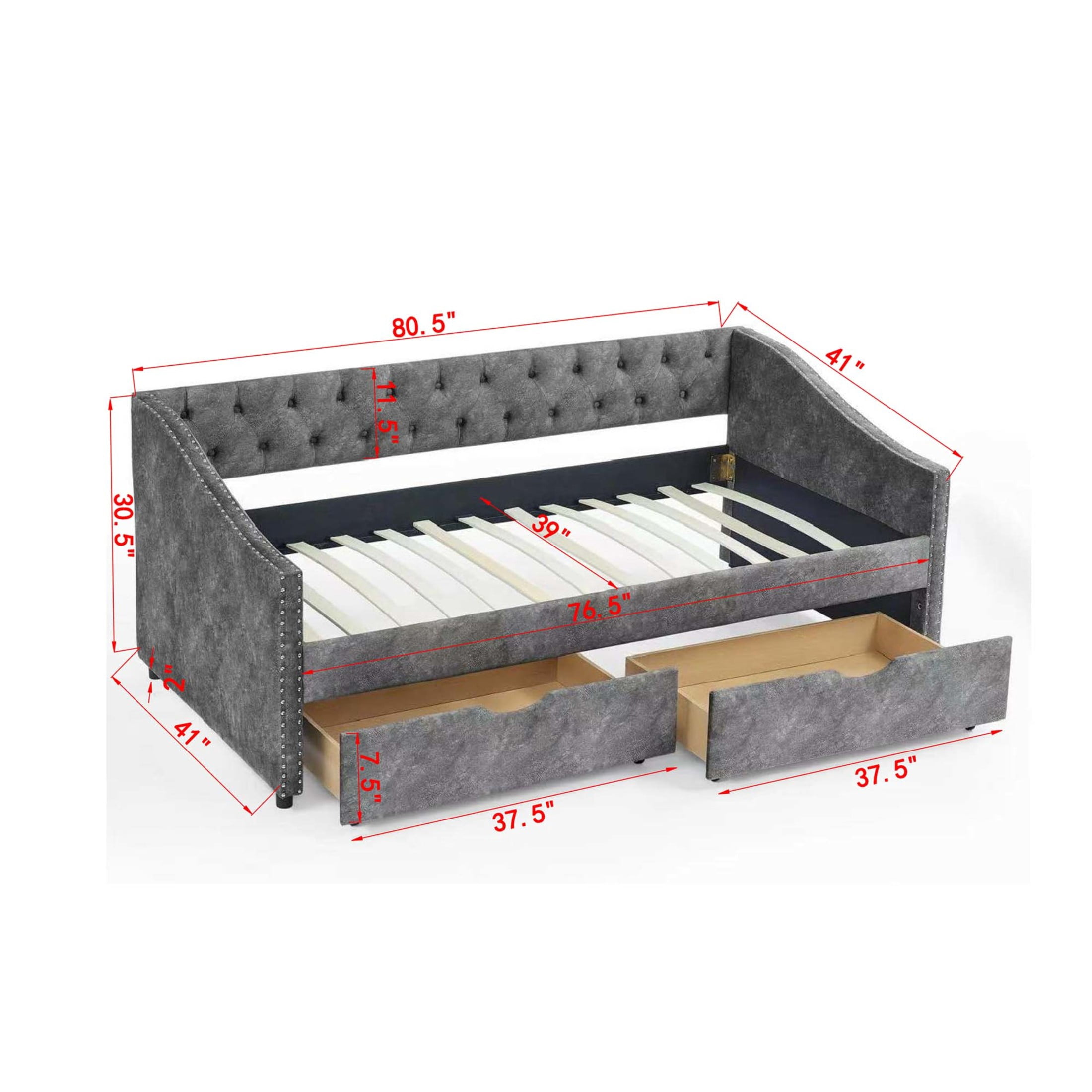 Noble House Twin Size Button Tufted Daybed, Linen Sofa Bed Frame with Storage Drawers and Nailhead Waved Arms, Dark Grey