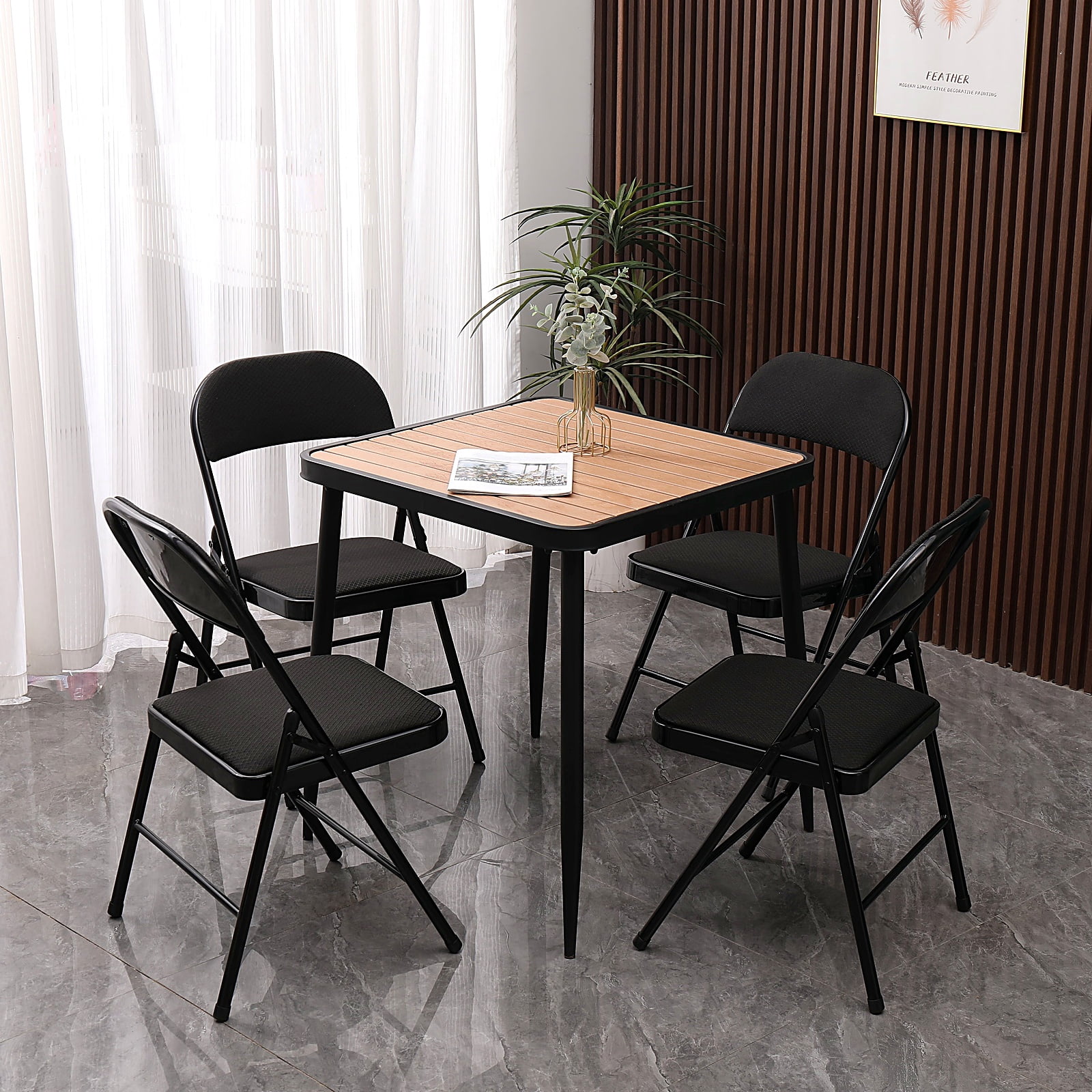 Fenbeli Folding Chairs Set of 4, Black Fabric Padded Metal Frame with Ergonomic Backrest, 330 lb Foldable Space-Saving Seating for Home and Office