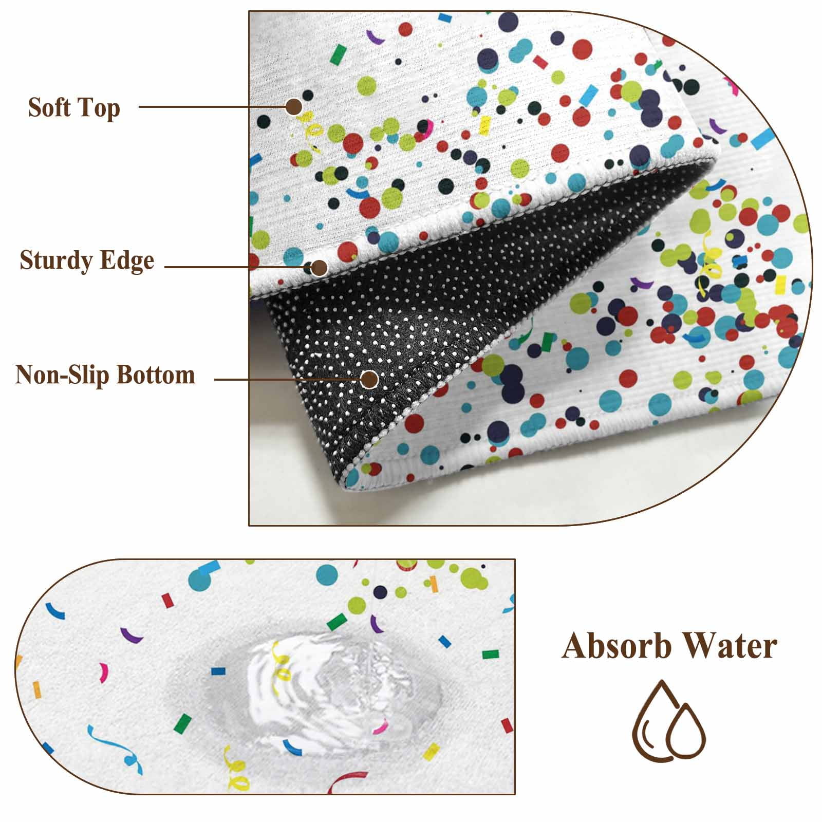 White Birthday Large Area Rugs for Bedroom Living Room, Non Slip Carpet Bedside Rug, Colorful Confetti Ribbons Polka Dots Classroom Rectangular Floor Cover Kitchen Accent Rug 3'x5' for Office