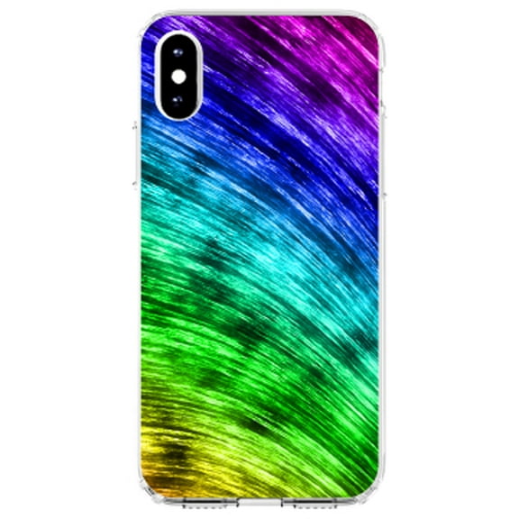 DistinctInk Clear Shockproof Hybrid Case for iPhone XR (6.1" Screen) - TPU Bumper, Acrylic Back, Tempered Glass Screen Protector - Rainbow Shimmering Curve