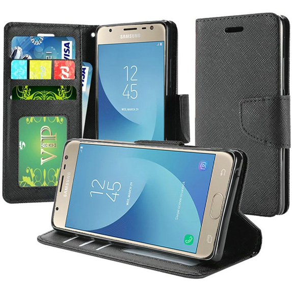 Wallet Case Kickstand Card Holder Magnetic Flap for Samsung Galaxy J3 J337 2018, Black