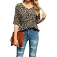 thumbnail image 2 of Femmes T-shirt Évasé Manches Courtes Femmes V en Vrac Haut V Col Blouse Décontractée, Léopard, M, 2 of 6