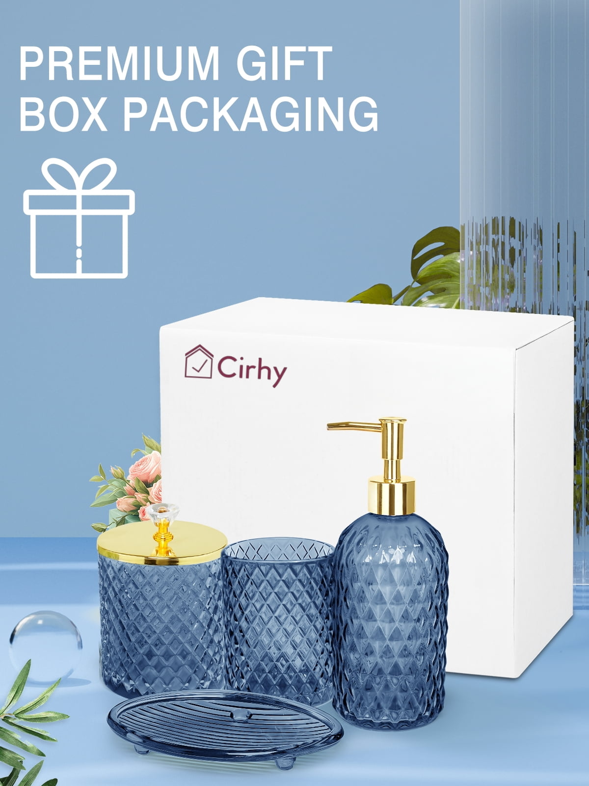 Cirhy Blue Bathroom Accessories Set, 4PCS Glass Bathroom Accessory Set with Lotion Soap Dispenser, Toothbrush Holder, Qtip Holder & Soap Dish, Modern Bathroom Decor for Home Apartment