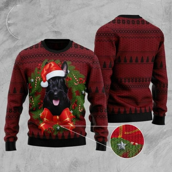 Scottish Terrier Wreath 3D Christmas Sweater, Funny Xmas Sweater, Sweater Xmas
