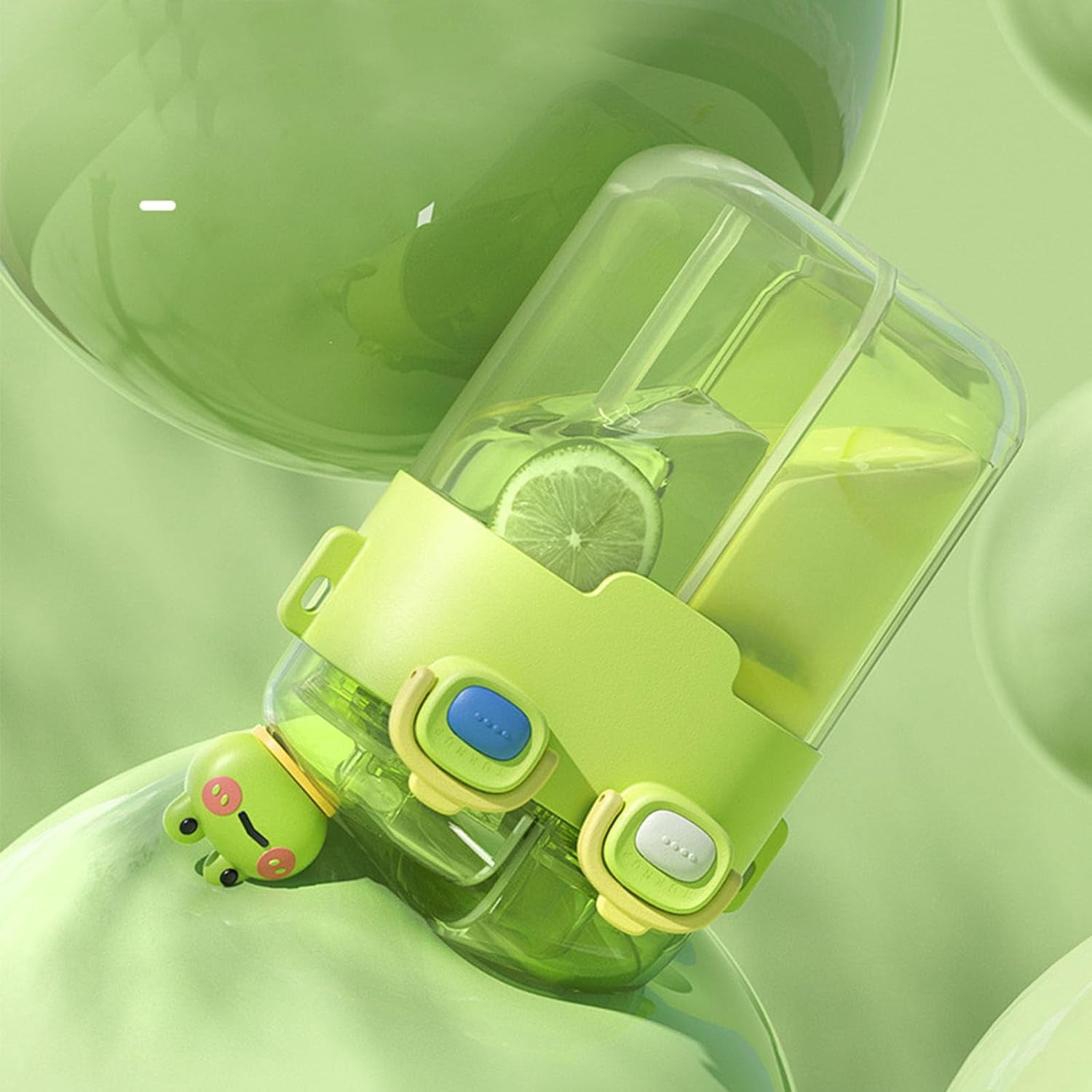 CATPAN Fdit Kawaii Water Bottles with Straw, Fashion Plastic Double Drinking Water Bottle Adjustable Strap for Sports Fitness Gym Camping (Lime Green 780ml)