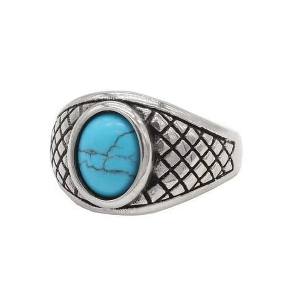 PAMTIER Men's Stainless Steel Vintage Hip Hop Oval Blue Synthetic Turquoise Gemstone Inlay Checkered Pattern Biker Ring Silver Size 13