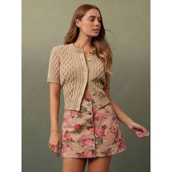 Apricot Floral Print High-Waist Button-Front A-Line Denim Mini Skirt