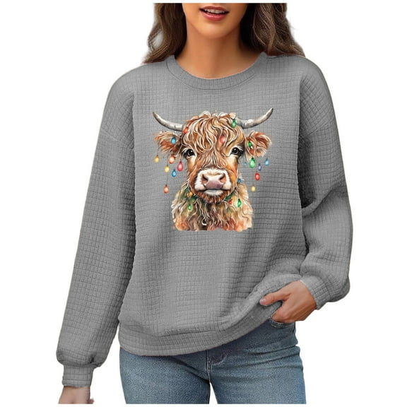 FAVIPT Women Christmas Knit Pullover Tops Cute Highland Cow Print Waffle Sweatshirt Casual Trendy Long Sleeve Shirts Crew Neck Fall Winter Outfits 2025 Gray,L