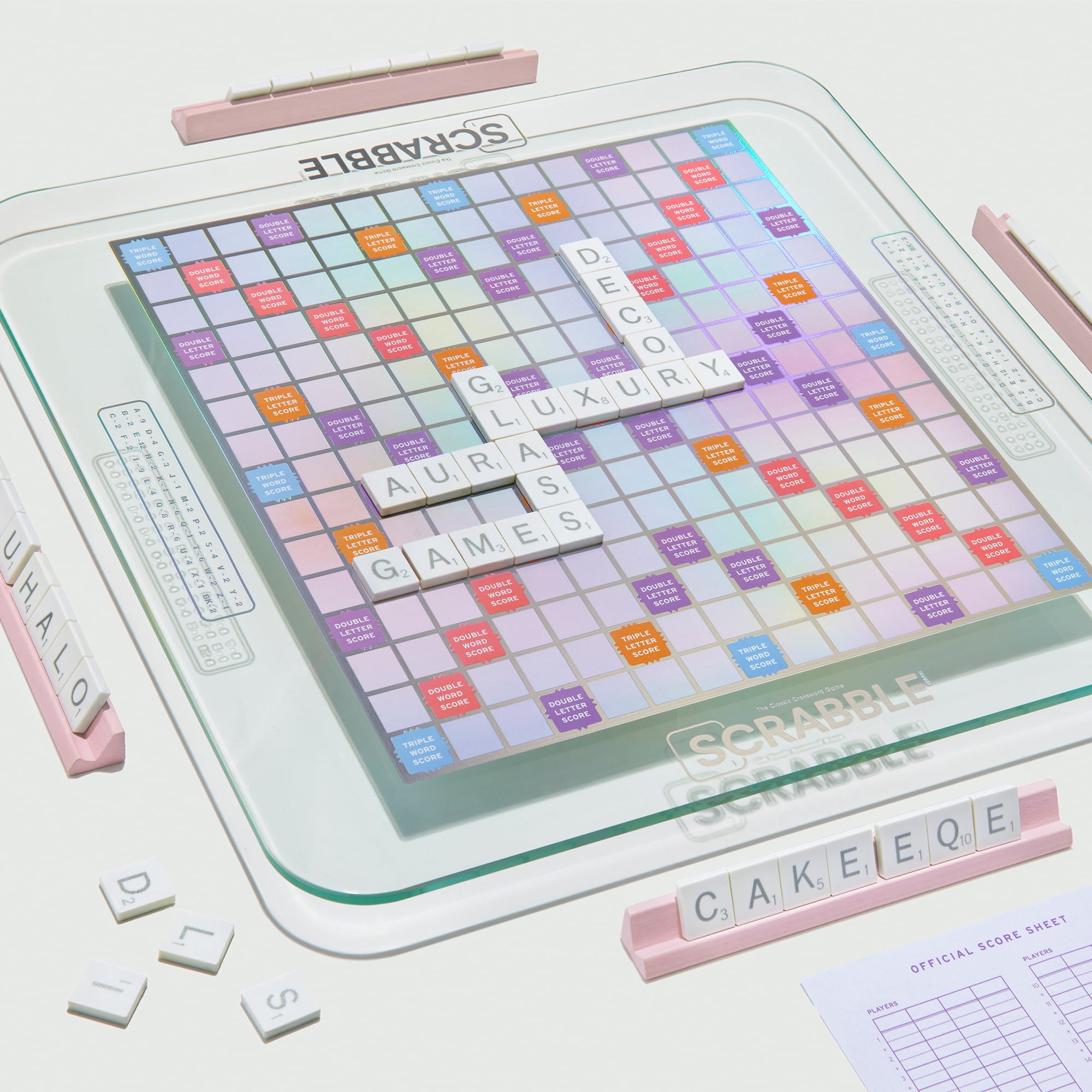 WS Game Company Scrabble Aura Edition – Iridescent Rotating Tempered Glass Game Board, Metallic-Printed Letter Tiles, Luxe Tile Racks & Organizer Tray – Family Word Game for Ages 8+, 2–4 Players