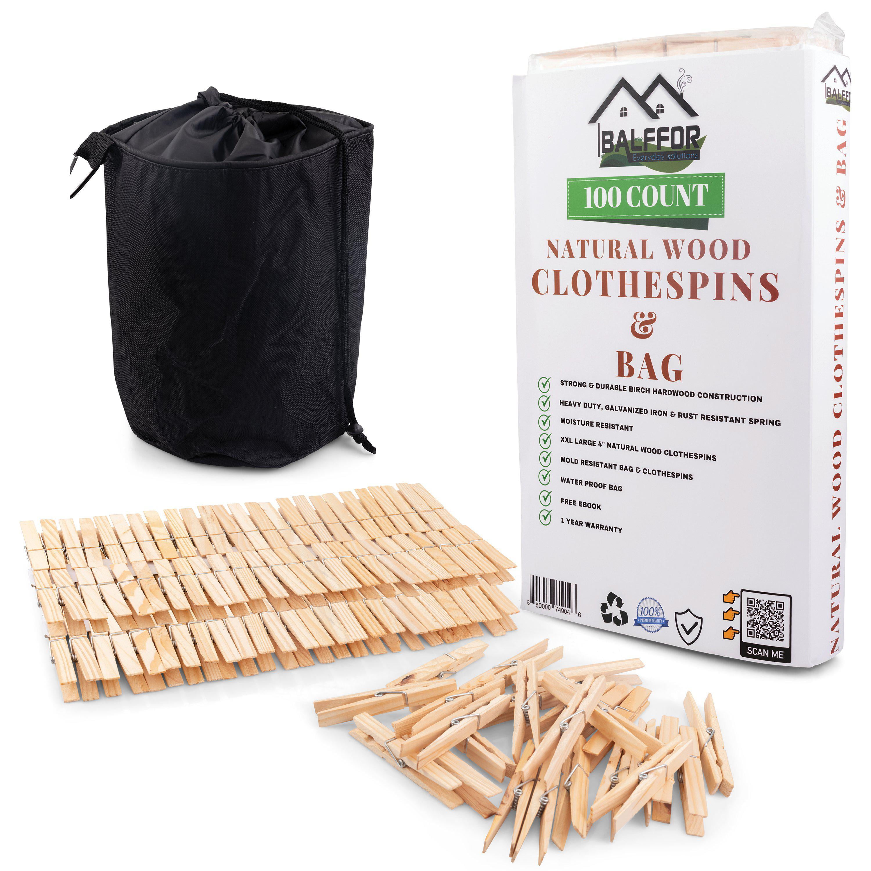 100 Large Wooden Clothes Laundry Pegs With Large Waterproof and Dust-Proof Clothes Pins Bag for Indoor or Outdoor Clothesline Balffor Natural Wood Clothespins & Clothespin Bag 