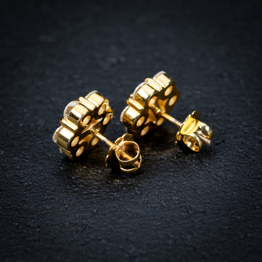 Large Flower Cluster 14k Yellow Gold Plated 925 Sterling Silver Screw Back Post Hip Hop  Circle Earrings