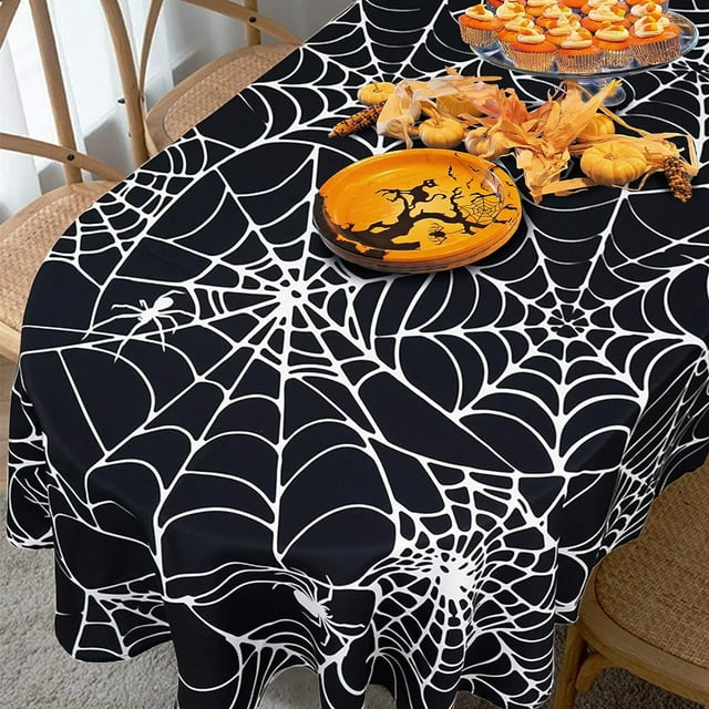 Halloween Tablecloth Spider Web Table Cloth for Oval Round Rectangle Table, Waterproof,Durable,Reusable Pumpkin Face Tablecloth for Halloween Party Decoration - 60x84 Inch