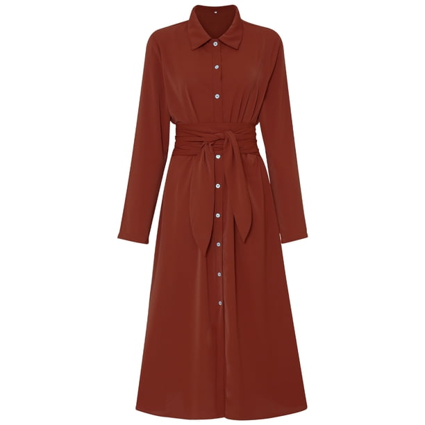 Vestido camisero de un solo pecho,Camisa de un solo pecho para mujer, vestido de manga larga con cinturón, vestido con cuello vuelto, el mejor de su clase