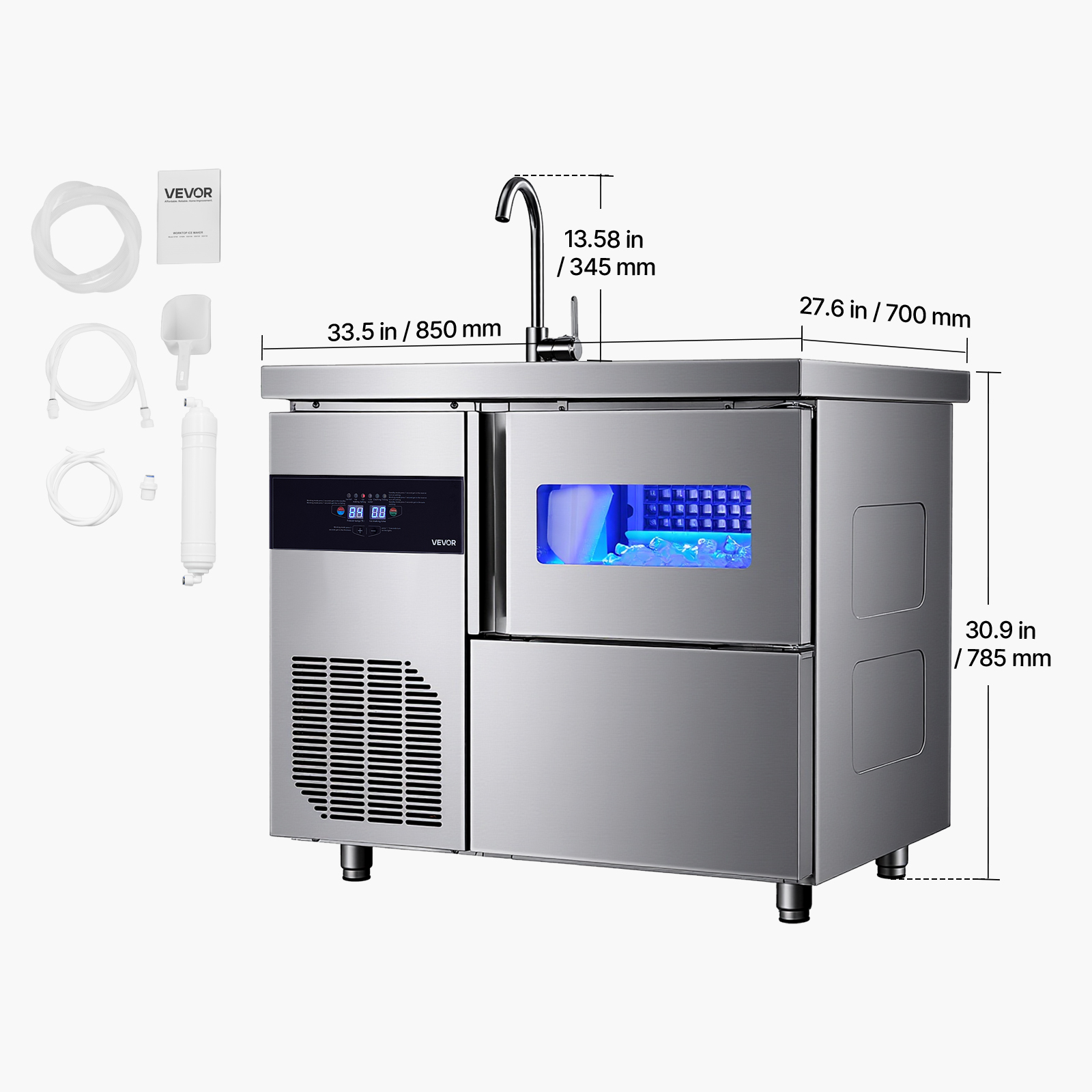 VEVOR Commercial Ice Maker Machine, 132 lbs/24H Stainless Steel Worktop Ice Machine with Sink, 30 lbs Storage & 70 Cubes/Cycle, Self-Cleaning Freestanding Ice-Making for Home Bar Restaurant Kitchen