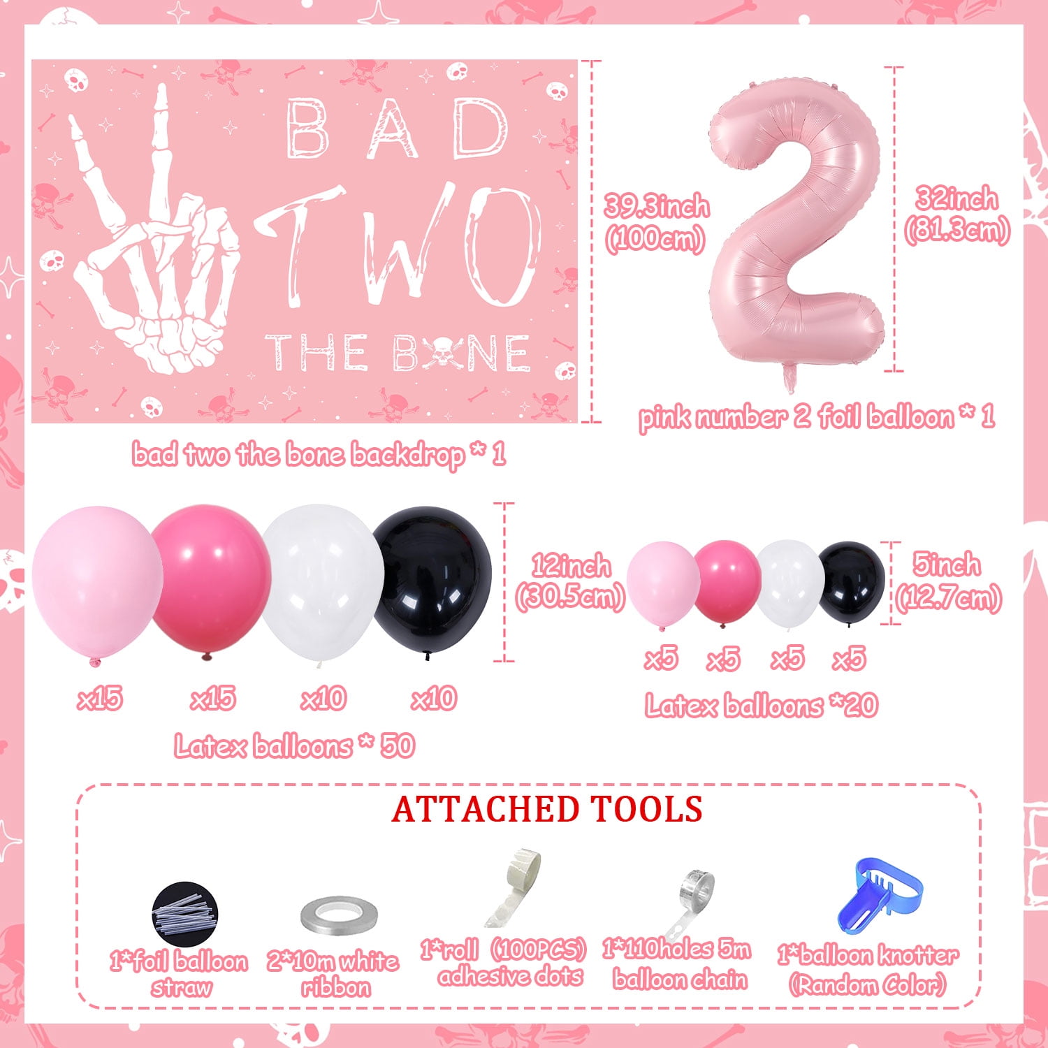Bad Two The Bone 2nd Birthday Party Decorations for Girls Pink Balloon Garland Arch Kit with Skull Bone Bad Two The Bone Backdrop, Rock n Roll Music Theme 90s Second Birthday Party Decor