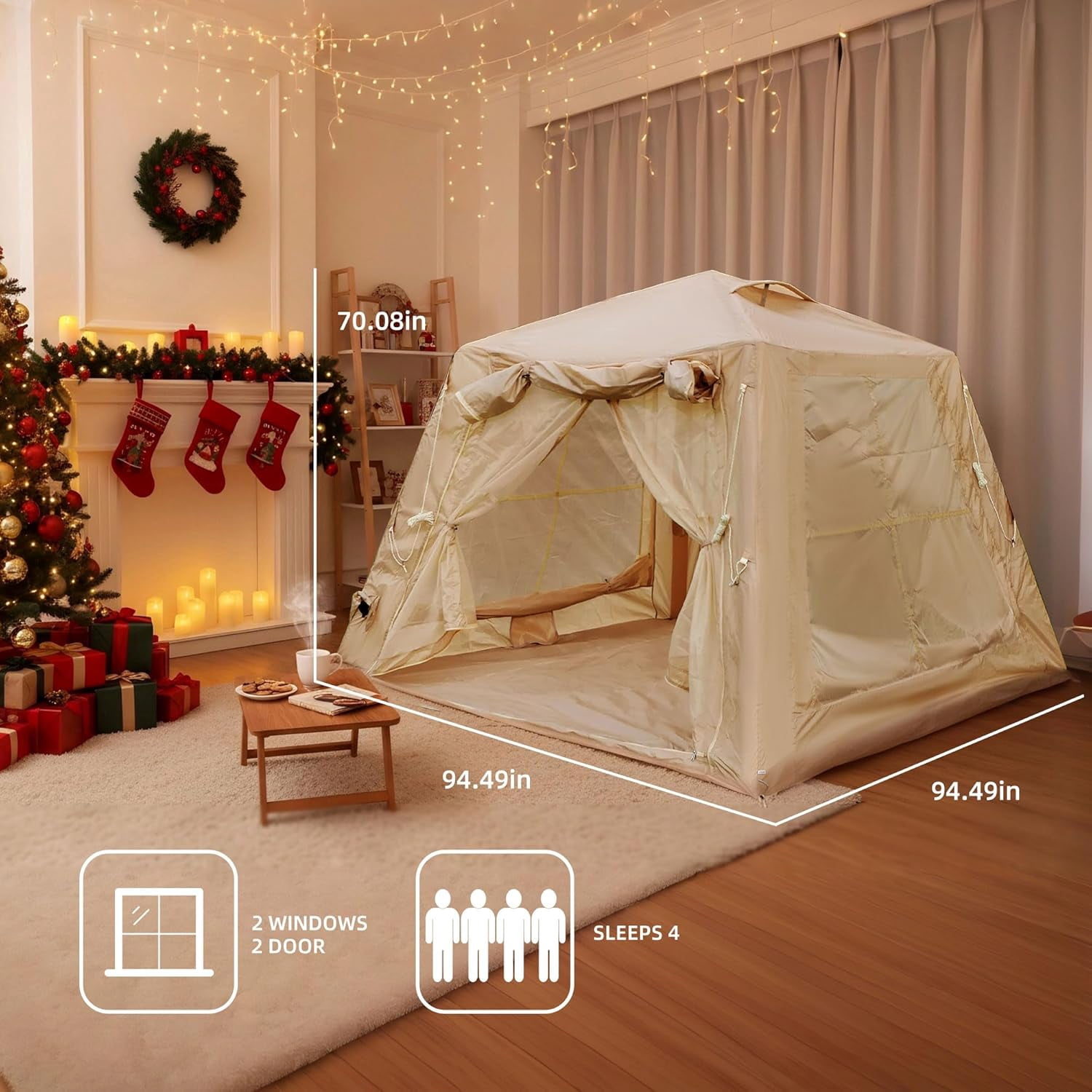 Inflatable Camping Tent, 4-6 Season Waterproof Glamping Tent with Hand Pump, PU3000mm Oxford Air Tent with Mesh Windows Stove Jack 4 Person Easy Setup Windproof Outdoor Tent