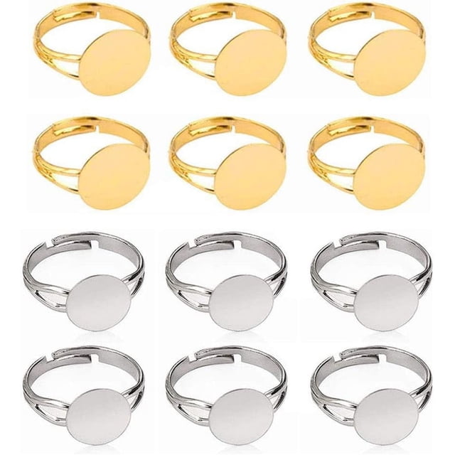 y 40 Pcs Blank Rings- Silver Plated Adjustable Flat 12mm Ring Base Blank Jewelry Findings (Gold+Silver)