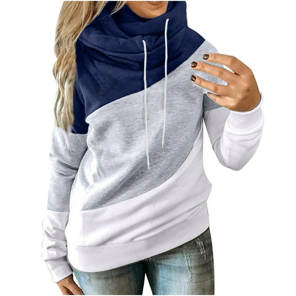 Oksale Women's Casual Cowl Neck Hoodies Trendy Patchwork Hoodie Color Block Sweatshirts Cozy Long Sleeve Sweatshirt Drawstring Pullover Warm Fitting Ladies Tops
