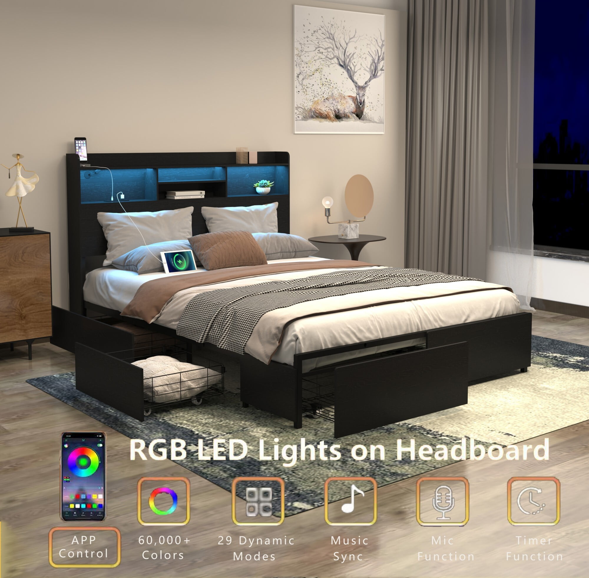 AENKYO Full Size Bed Frame with 6 Storage Drawers & LED Lights - Storage Headboard with Charging, Noise-Free, Black