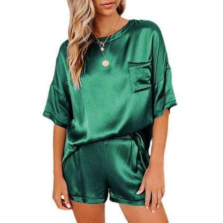 

JBEELATE Women s Satin Silk Pajama Set Short Sleeve T-shirt With Shorts PJ Set