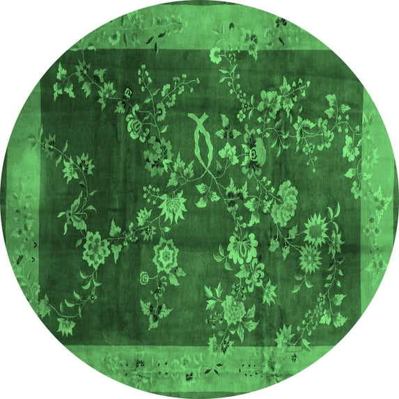 Ahgly Company Indoor Round Oriental Emerald Green Asian Inspired Area Rugs, 4' Round