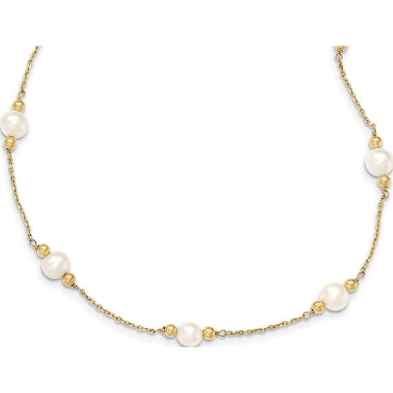 14K Yellow Gold 5-6mm White Near Round Fw Cultured Pearl Bead 12-Station Necklace Made In Canada xf445-18