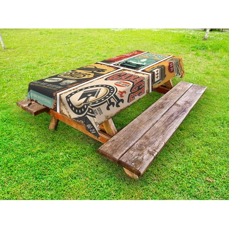 

Vintage Outdoor Tablecloth Nostalgic Art Auto Service Garage Funk Style Highway Logo Repair Road Grunge Design Decorative Washable Fabric Picnic Tablecloth 58 X 104 Inches Multicolor by Ambesonne