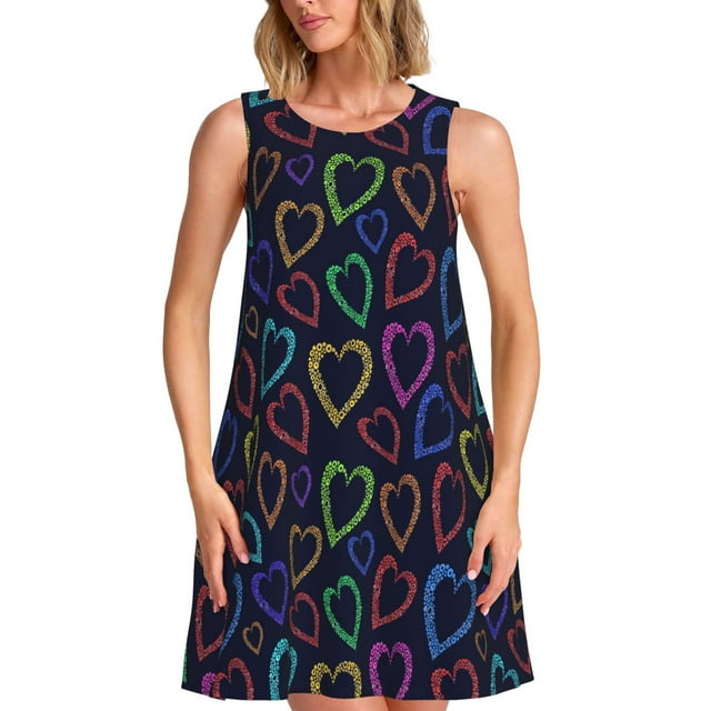 Vsdgher Robes d'Été à Imprimé Cœurs Colorés pour Femmes Robe de Plage Décontractée Col en U Sans Manches Robe d'Été Ample avec Poche