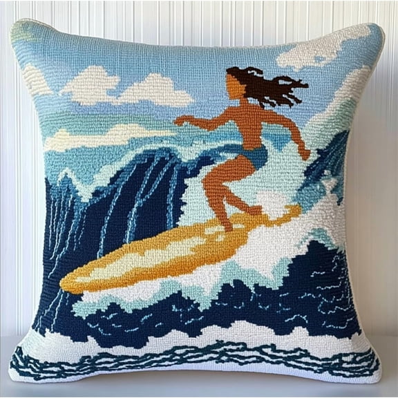 Latch Hook Kit For Adults,Surfing Girl Latch Hook Pillow Case Kits, Diy Cushion Kit 17X17Inch, Cross Stitch Embroidery Kits Cover Home Decor 43X43Cm