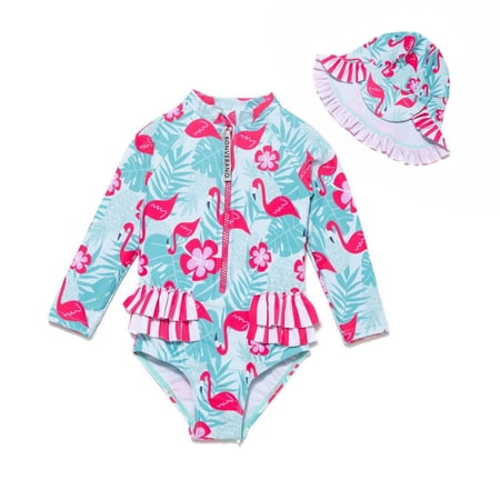 BONVERANO Baby Girls Swimsuit UPF 50+ Sun Protection, Long Sleeve Zipper One Piece Swimwear, Ruffle Toddler Bathing Suit(Flamingo 9-12months)